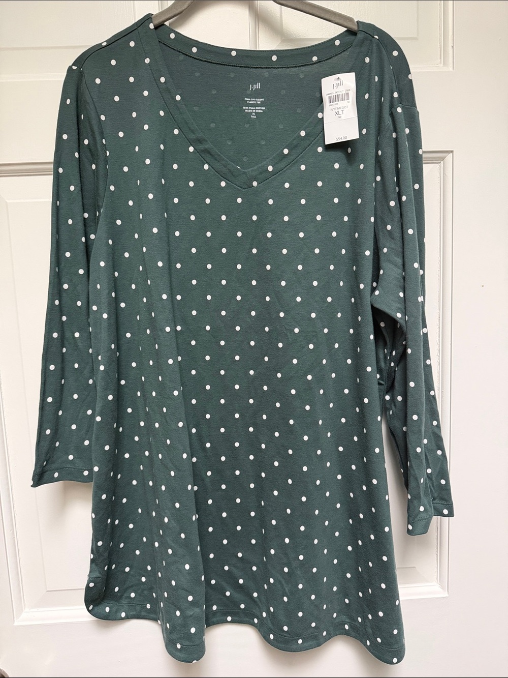 J. Jill V-Neck 3/4 Sleeve Ivy Time Dot Pima Top Size XLT